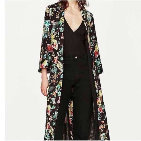 Zara Kimono Open Front Belted Long Tropical Floral Women's Size Medium Boho - Picture 2 of 8
